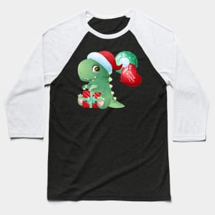 Cute Christmas T Rex With Santa Hat And Gift Box Baseball T-Shirt